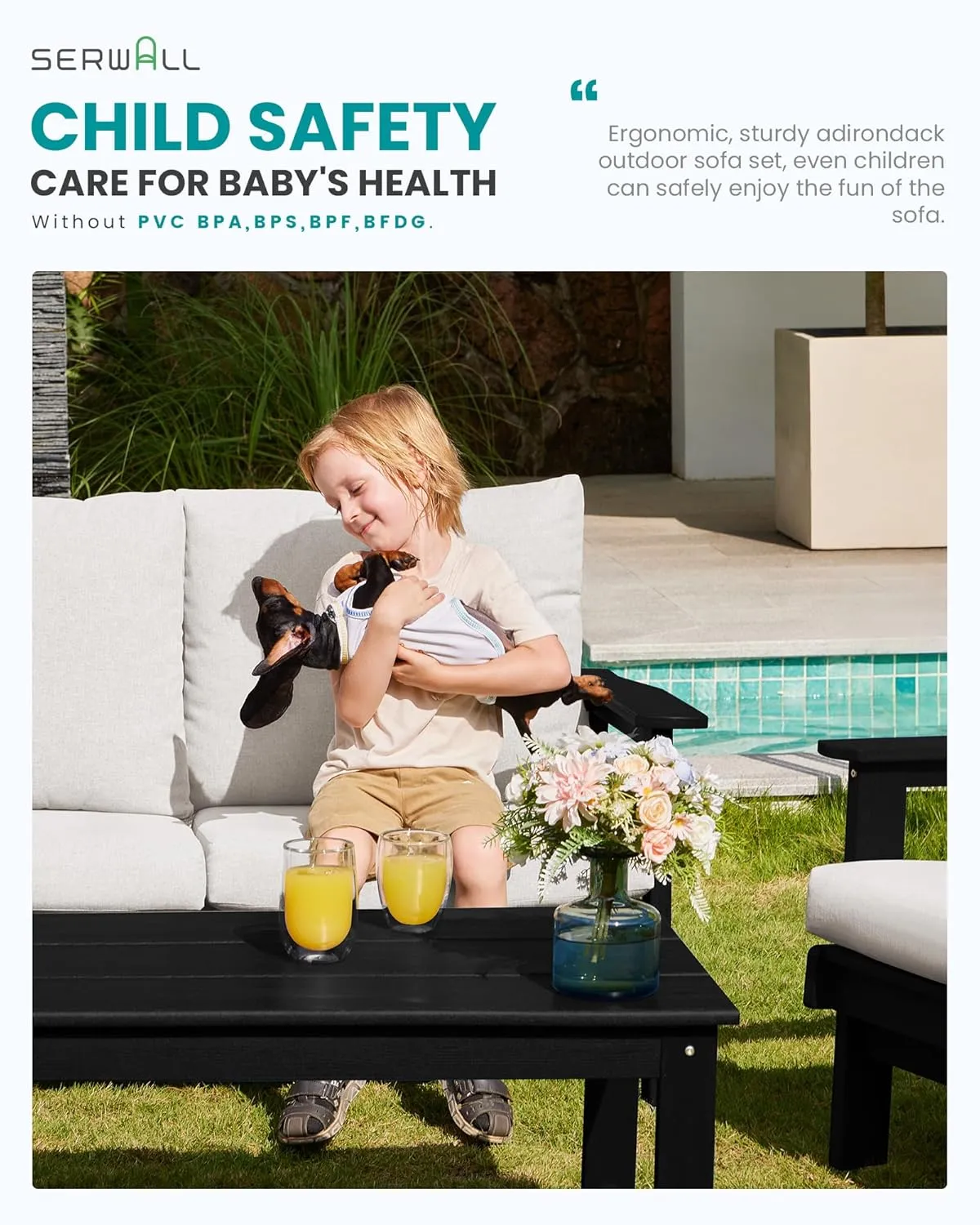 SERWALL HDPE Outdoor Furniture Set, 4 Piece Outdoor Sofa Set, Black Frame with Khaki Cushions