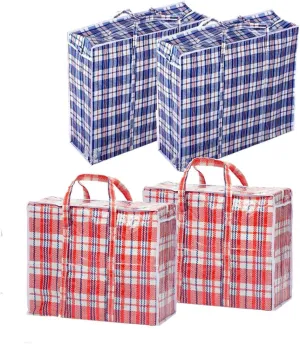 Set of 4 Extra-Large Jumbo Plastic Checkered Storage Laundry Shopping Moving Bags W. Zipper & Handles Size 27"x23"x5"- Color may vary