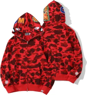 Shark Full Zip Up Hoodie, Camo Sweatshirt For Men Women, Hip Hop Cotton Zipper Hooded For Youth Teenagers