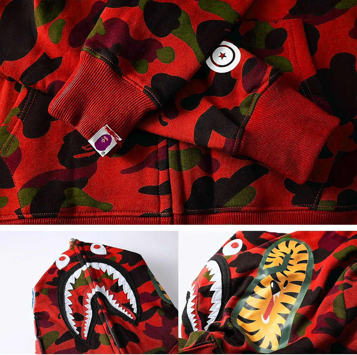 Shark Full Zip Up Hoodie, Camo Sweatshirt For Men Women, Hip Hop Cotton Zipper Hooded For Youth Teenagers