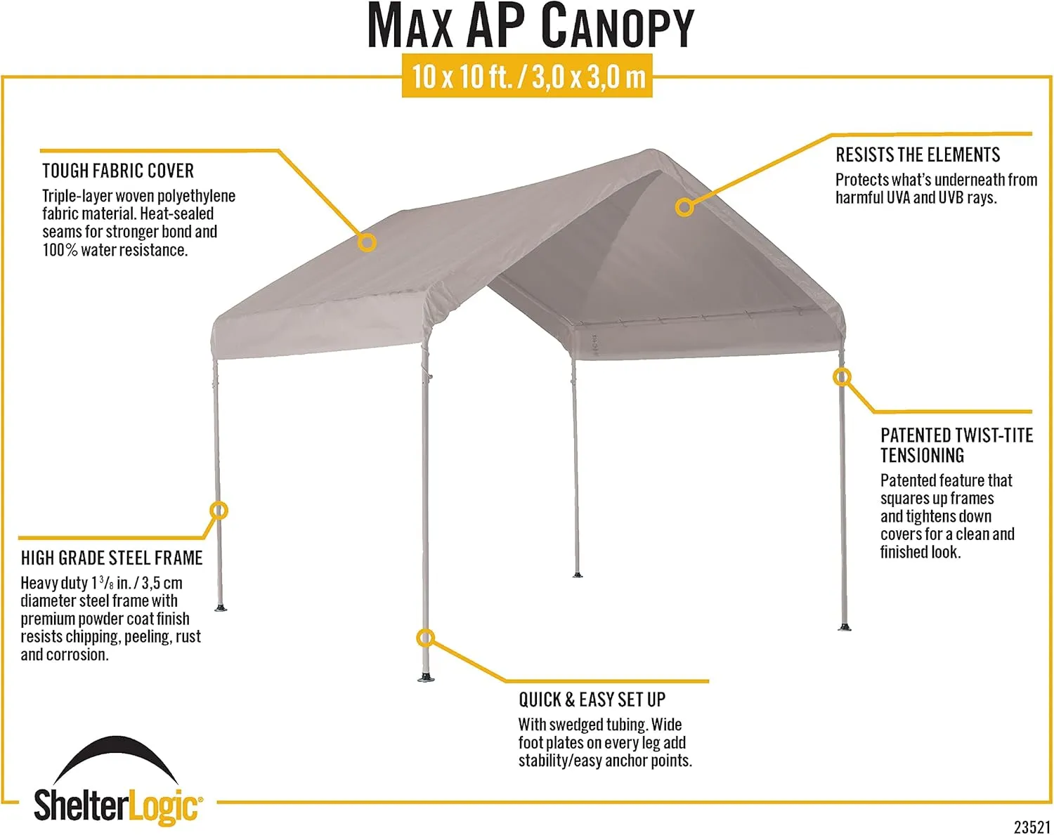 ShelterLogic 10' x 10' MaxAP Canopy Series Compact Outdoor Easy to Assemble Steel Metal Frame Canopy with 50  UPF Sun Protection and Waterproof Cover, White, 23521