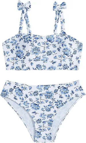 SHENHE Girl's 2 Piece Floral Print Bathing Suit Cute Coquette Bow Tube Mid Rise Boho Bikini Set