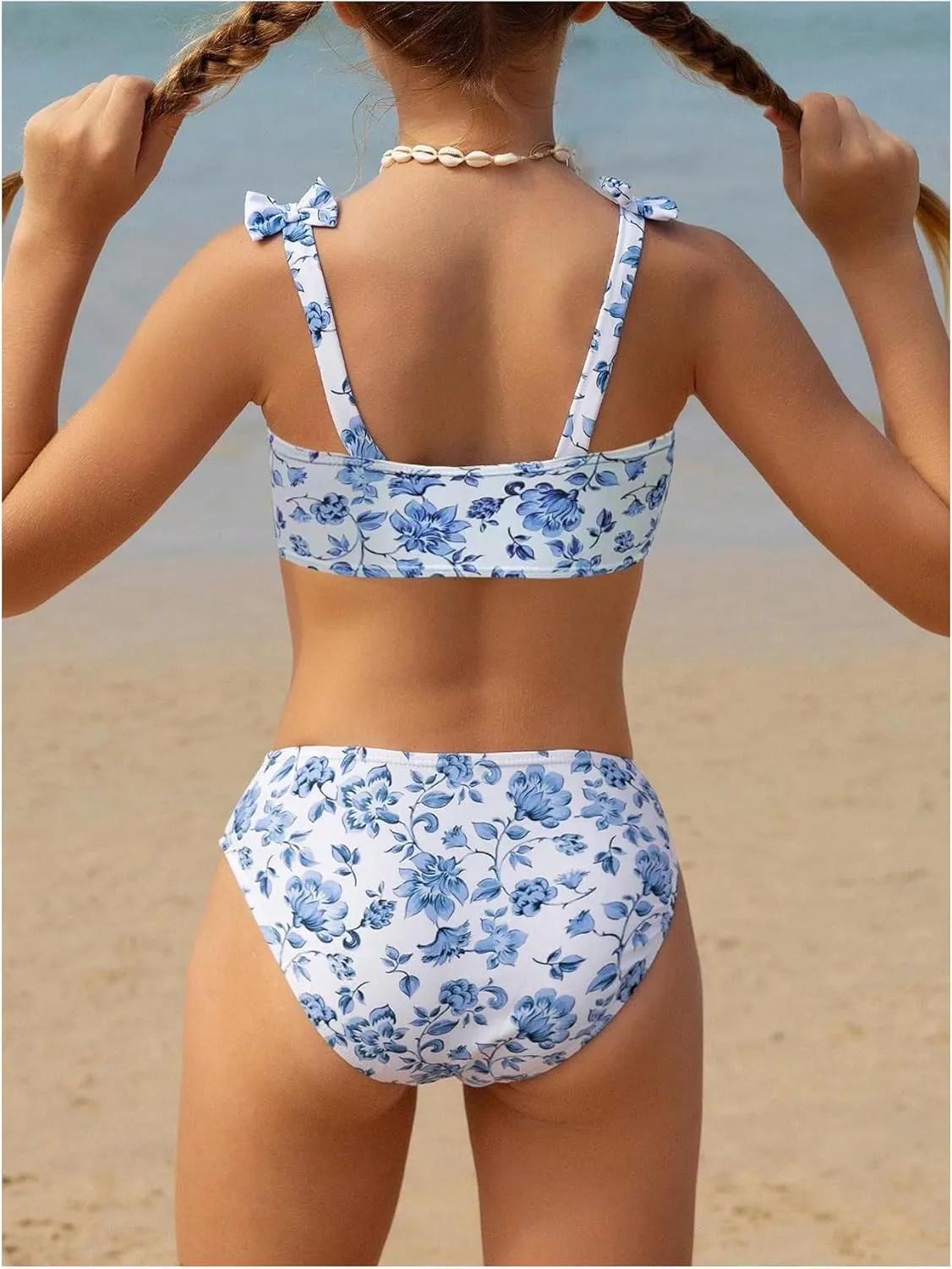 SHENHE Girl's 2 Piece Floral Print Bathing Suit Cute Coquette Bow Tube Mid Rise Boho Bikini Set