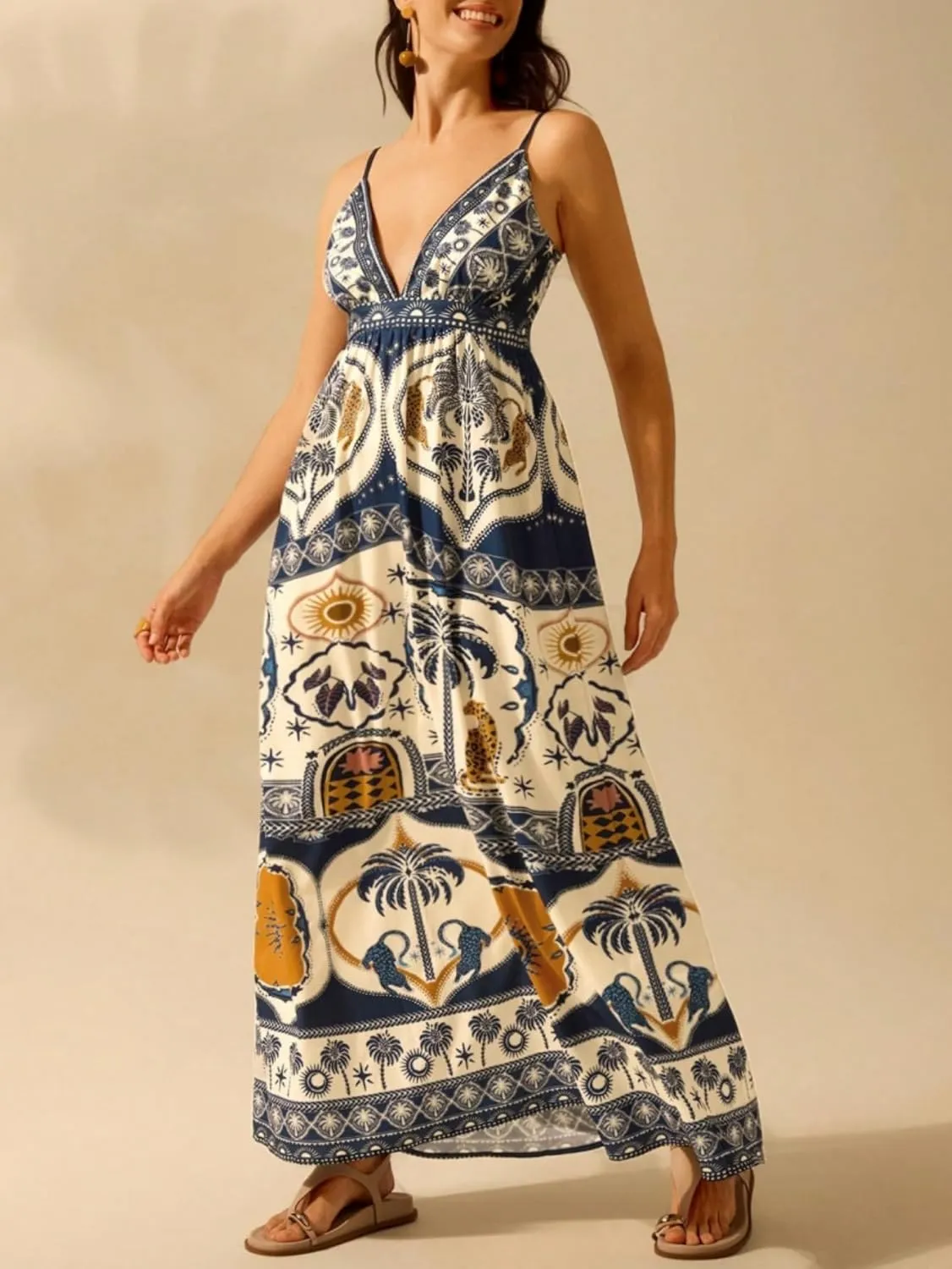 SHENHE Women's Summer Tropical Floral Maxi Dress Spaghetti Strap V Neck Flowy Vacation Dresses