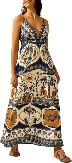 SHENHE Women's Summer Tropical Floral Maxi Dress Spaghetti Strap V Neck Flowy Vacation Dresses