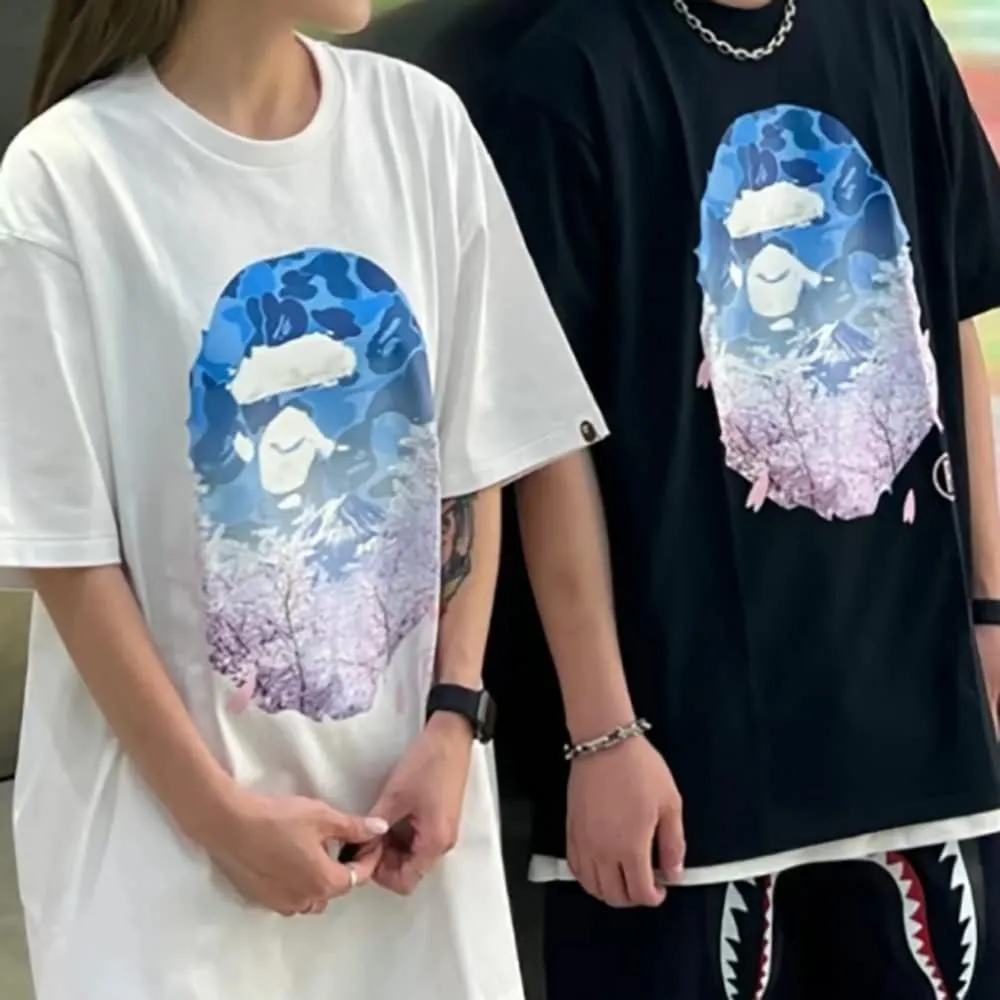 Shirt Hip Hop Sakura Print Short Sleeve Shark Ape T-Shirt Round Neck Cartoon Cotton Top Men's and Women's Youth