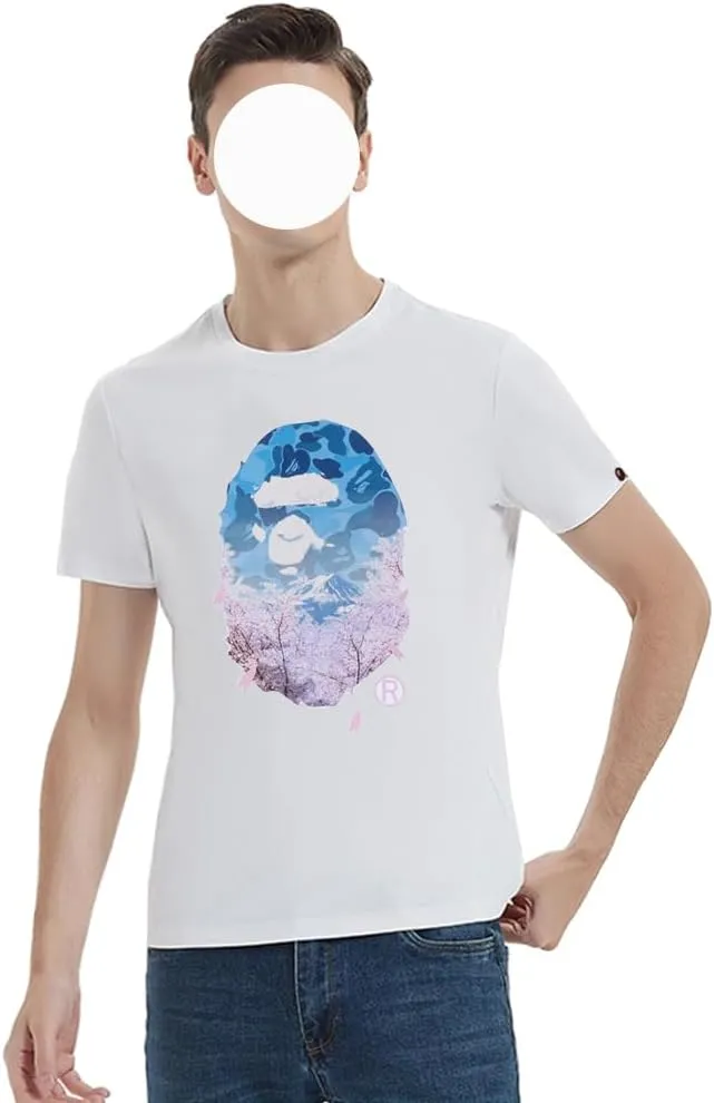 Shirt Hip Hop Sakura Print Short Sleeve Shark Ape T-Shirt Round Neck Cartoon Cotton Top Men's and Women's Youth