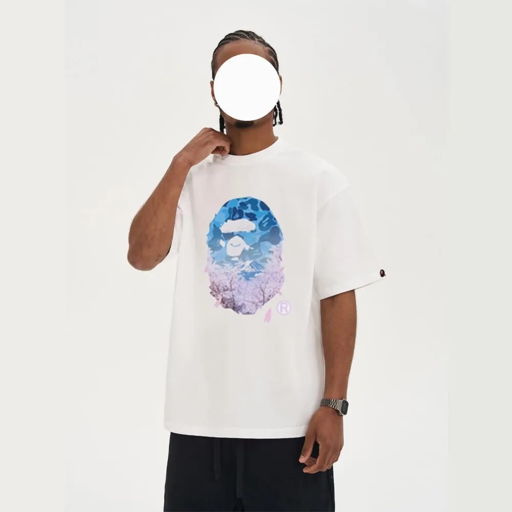 Shirt Hip Hop Sakura Print Short Sleeve Shark Ape T-Shirt Round Neck Cartoon Cotton Top Men's and Women's Youth