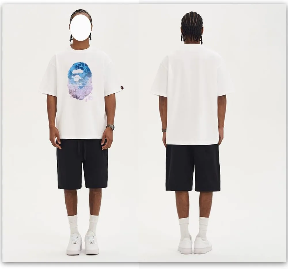 Shirt Hip Hop Sakura Print Short Sleeve Shark Ape T-Shirt Round Neck Cartoon Cotton Top Men's and Women's Youth