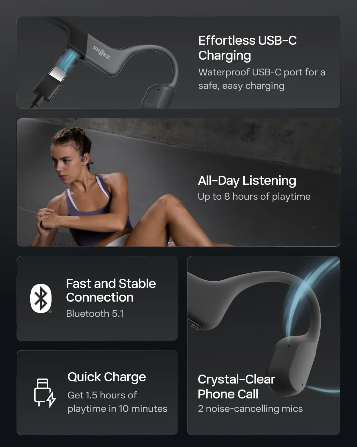SHOKZ OpenRun Mini with USB-C Charging - Open-Ear Bluetooth Bone Conduction Sport Headphones - Sweat Resistant Wireless Earphones for Workouts and Running - Built-in Mic, with Hair Band - Black