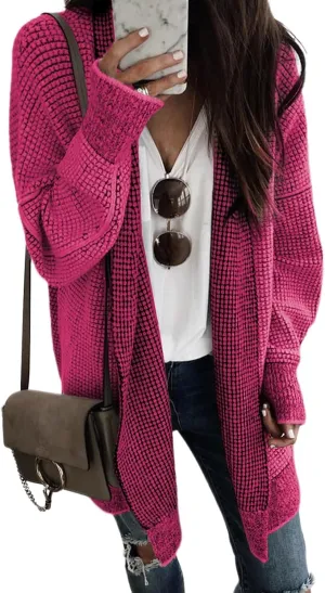 Sidefeel Womens 2024 Fall Winter Long Sleeve Open Front Cardigan Sweaters Oversized Checkered Chunky Knit Sweaters Coat