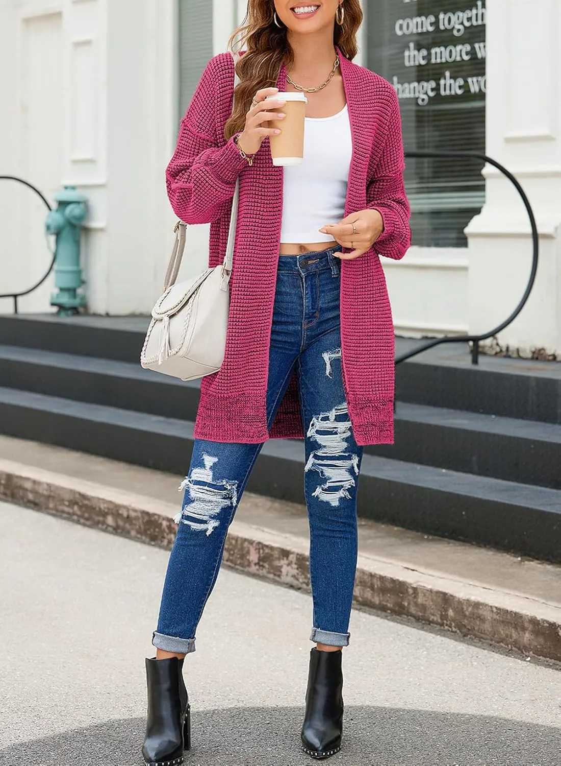 Sidefeel Womens 2024 Fall Winter Long Sleeve Open Front Cardigan Sweaters Oversized Checkered Chunky Knit Sweaters Coat