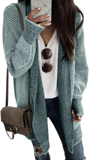 Sidefeel Womens 2024 Fall Winter Long Sleeve Open Front Cardigan Sweaters Oversized Checkered Chunky Knit Sweaters Coat