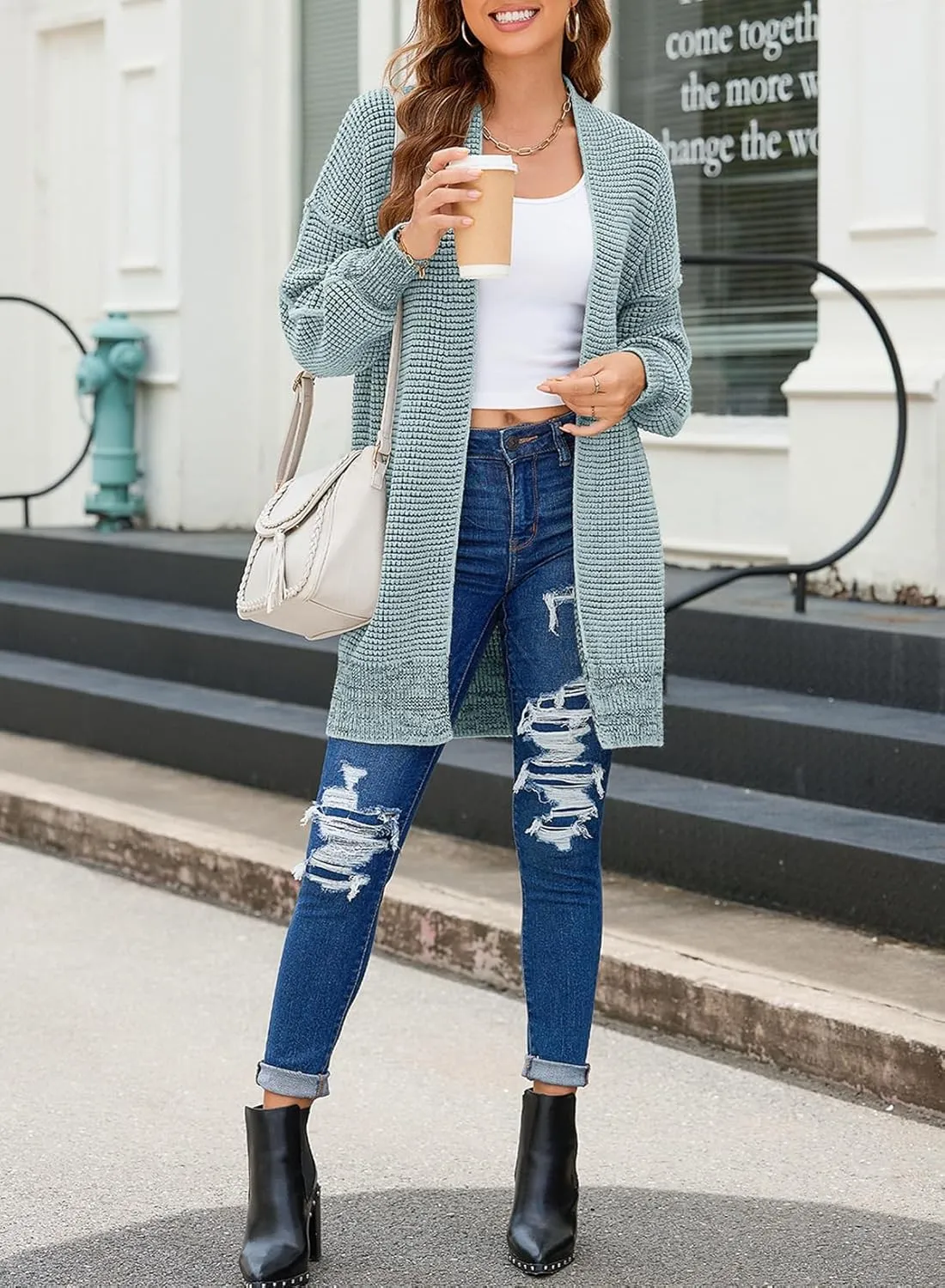 Sidefeel Womens 2024 Fall Winter Long Sleeve Open Front Cardigan Sweaters Oversized Checkered Chunky Knit Sweaters Coat