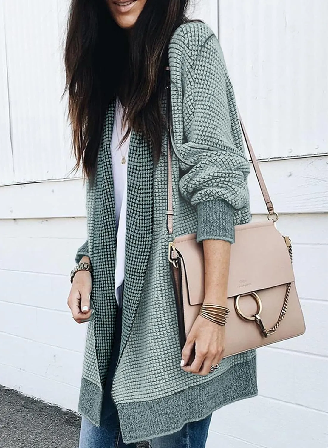 Sidefeel Womens 2024 Fall Winter Long Sleeve Open Front Cardigan Sweaters Oversized Checkered Chunky Knit Sweaters Coat