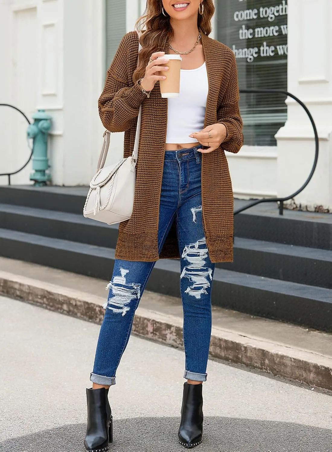 Sidefeel Womens 2024 Fall Winter Long Sleeve Open Front Cardigan Sweaters Oversized Checkered Chunky Knit Sweaters Coat