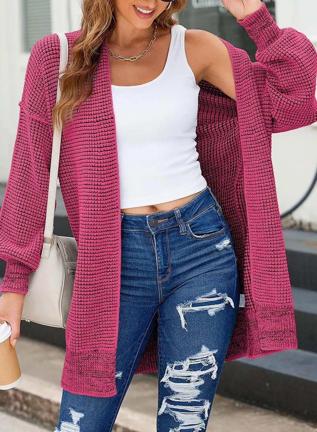 Sidefeel Womens 2024 Fall Winter Long Sleeve Open Front Cardigan Sweaters Oversized Checkered Chunky Knit Sweaters Coat