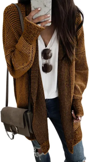 Sidefeel Womens 2024 Fall Winter Long Sleeve Open Front Cardigan Sweaters Oversized Checkered Chunky Knit Sweaters Coat
