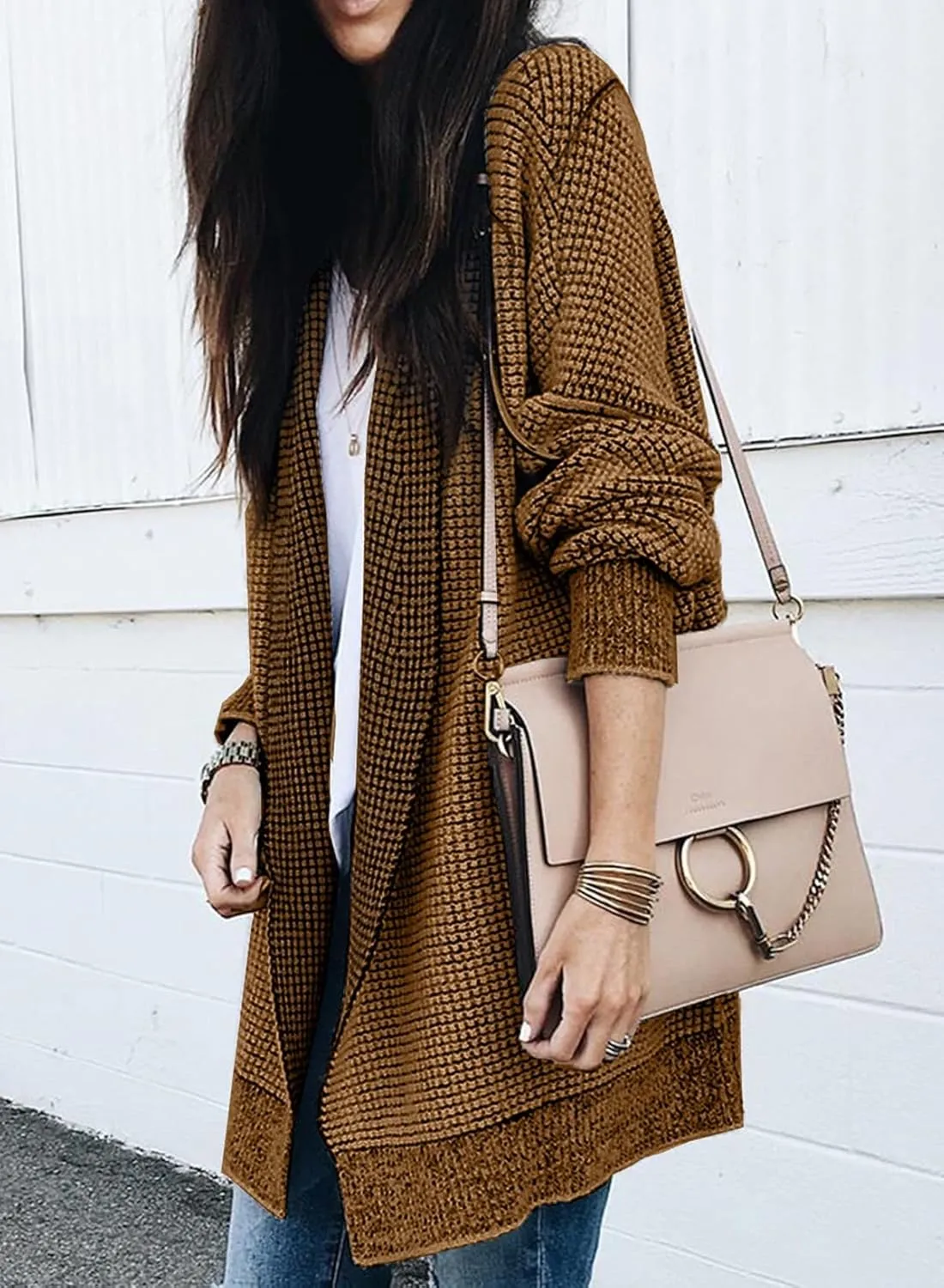 Sidefeel Womens 2024 Fall Winter Long Sleeve Open Front Cardigan Sweaters Oversized Checkered Chunky Knit Sweaters Coat