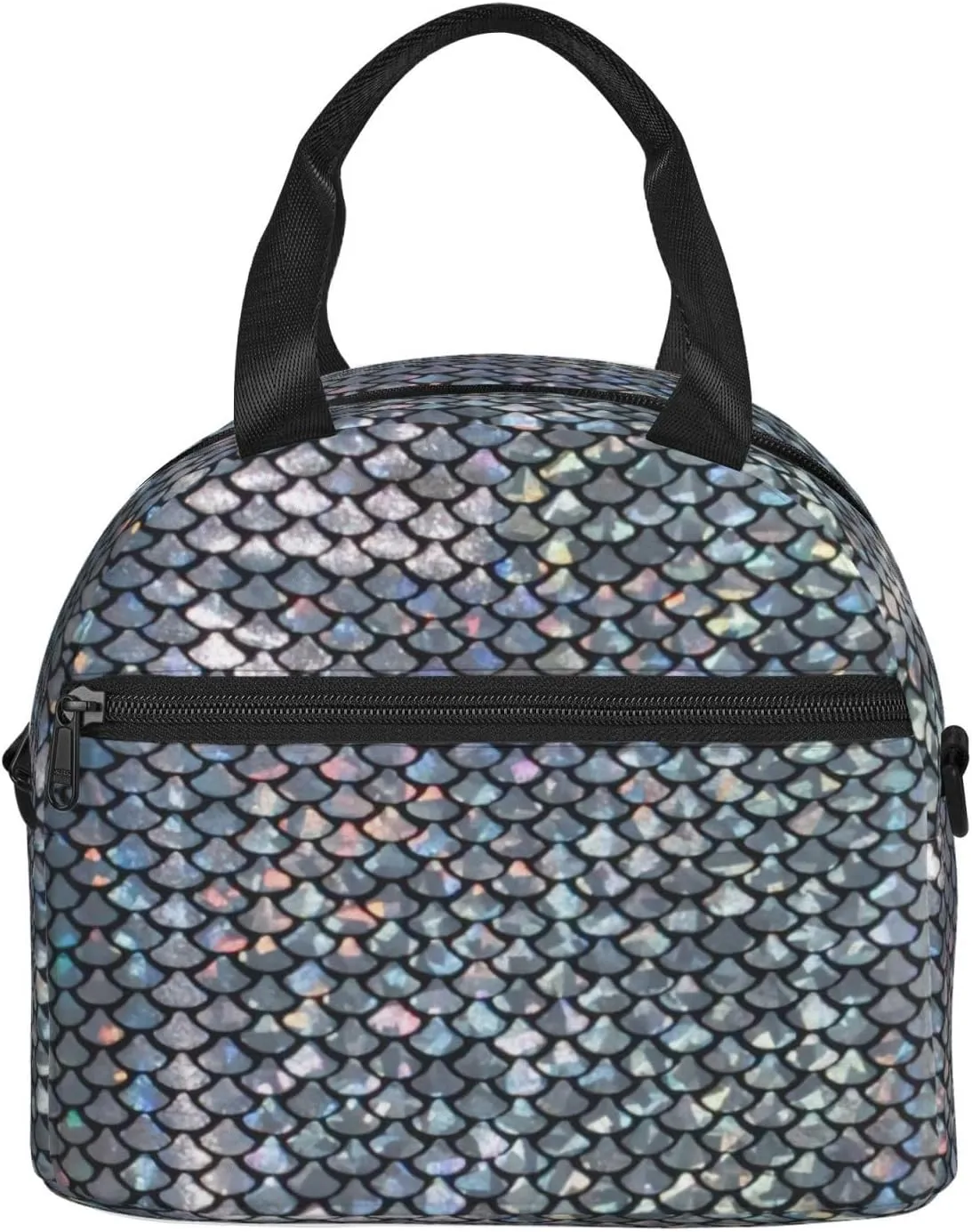 Silver Fish Scale Print Crossbody Insulated Lunch Bags For Women Men Cooler Bag Lightweight Waterproof Lunch Box