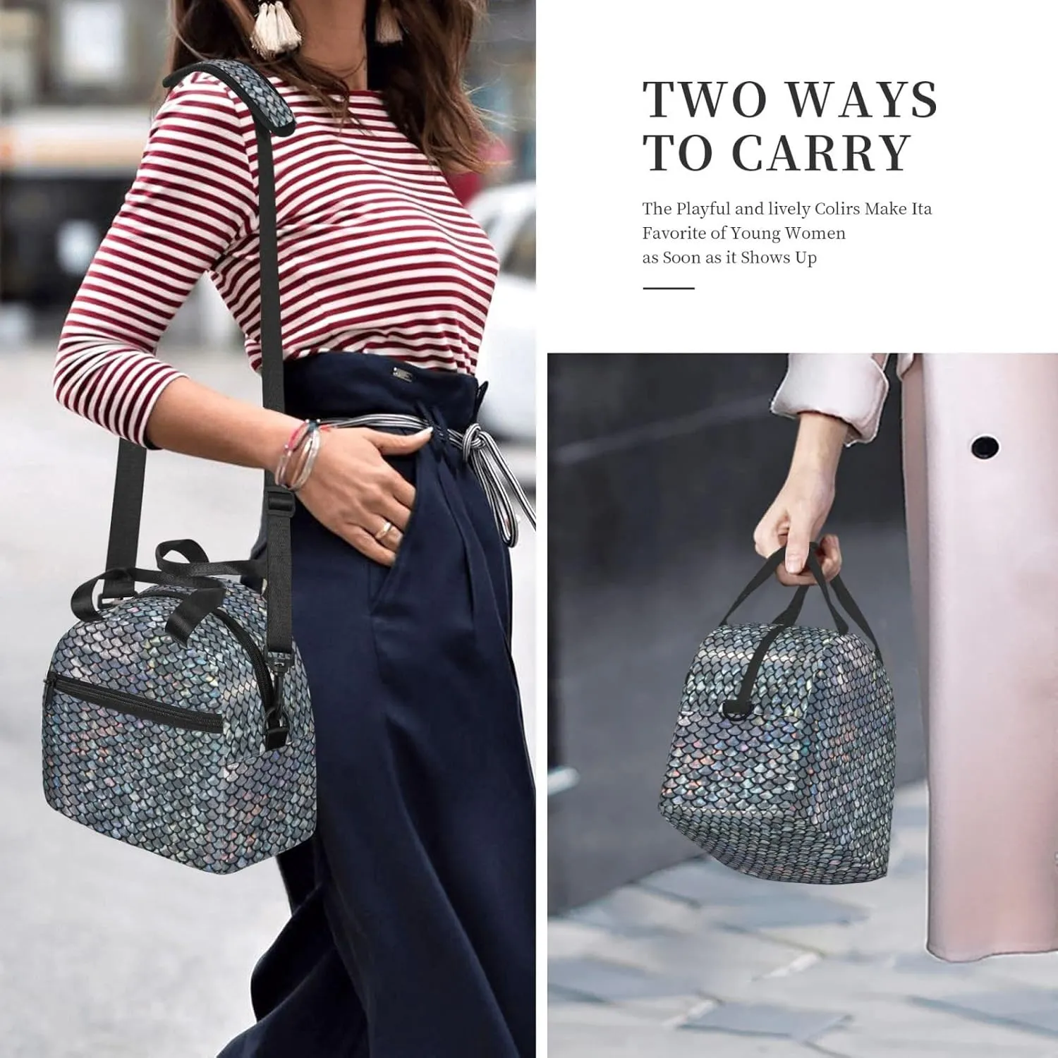 Silver Fish Scale Print Crossbody Insulated Lunch Bags For Women Men Cooler Bag Lightweight Waterproof Lunch Box