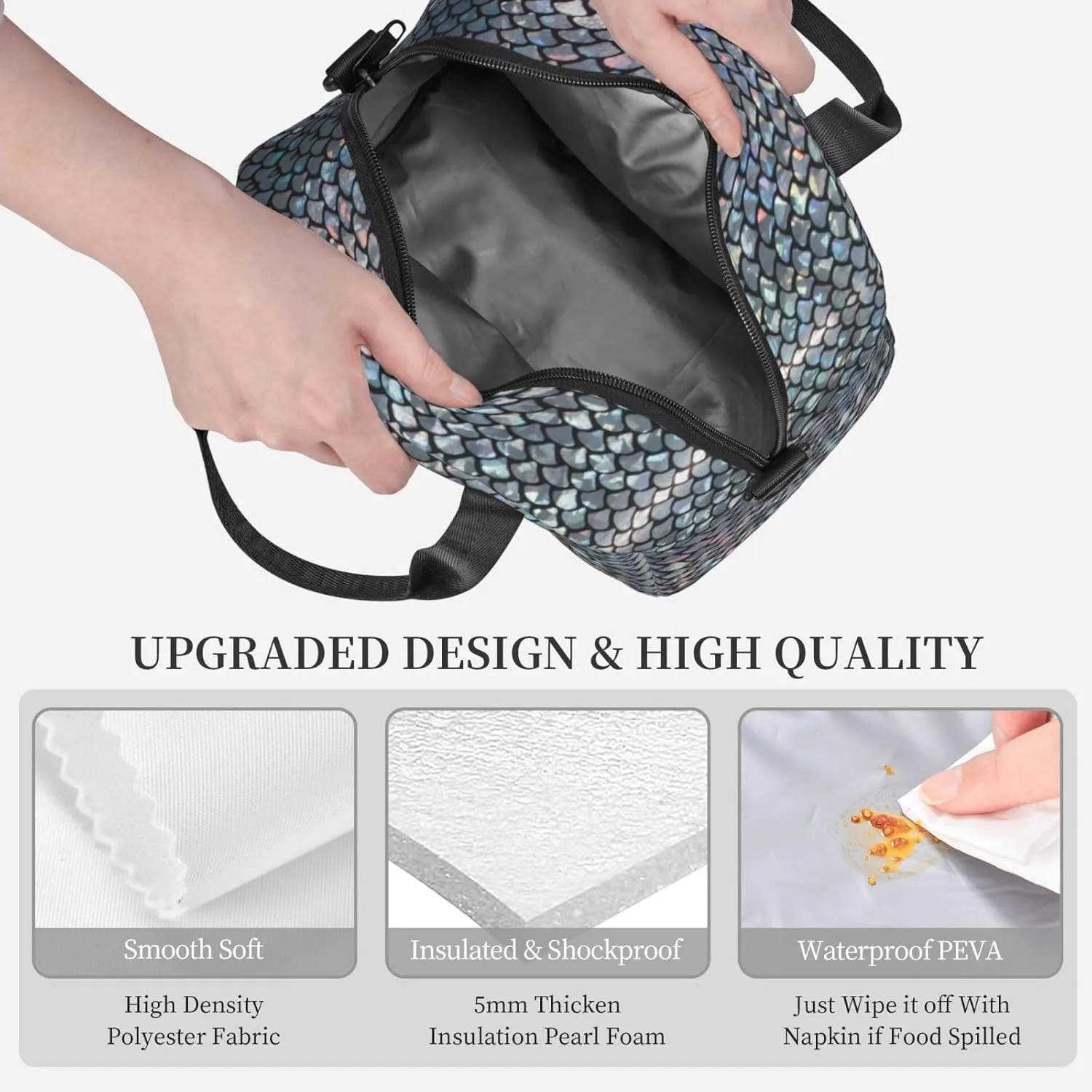 Silver Fish Scale Print Crossbody Insulated Lunch Bags For Women Men Cooler Bag Lightweight Waterproof Lunch Box