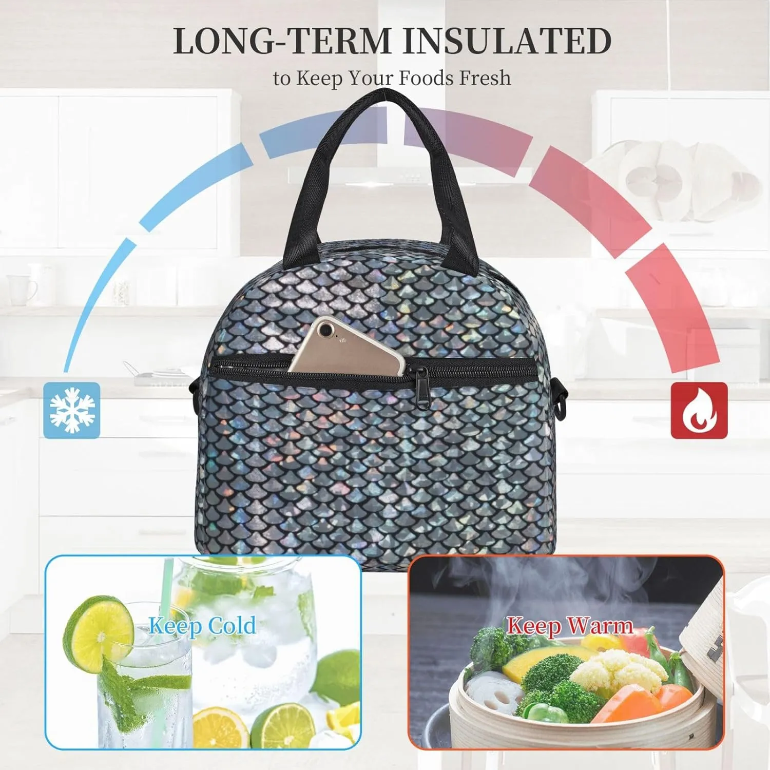 Silver Fish Scale Print Crossbody Insulated Lunch Bags For Women Men Cooler Bag Lightweight Waterproof Lunch Box