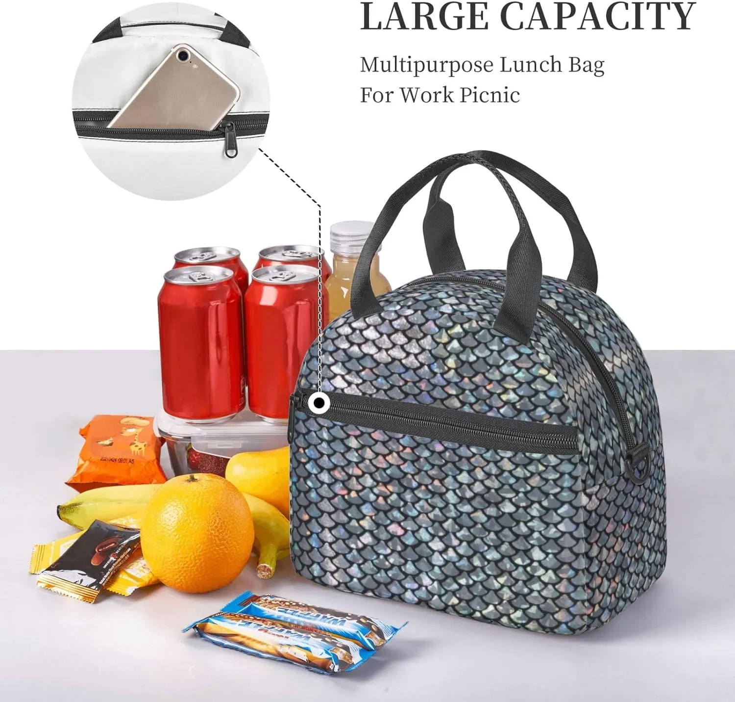 Silver Fish Scale Print Crossbody Insulated Lunch Bags For Women Men Cooler Bag Lightweight Waterproof Lunch Box