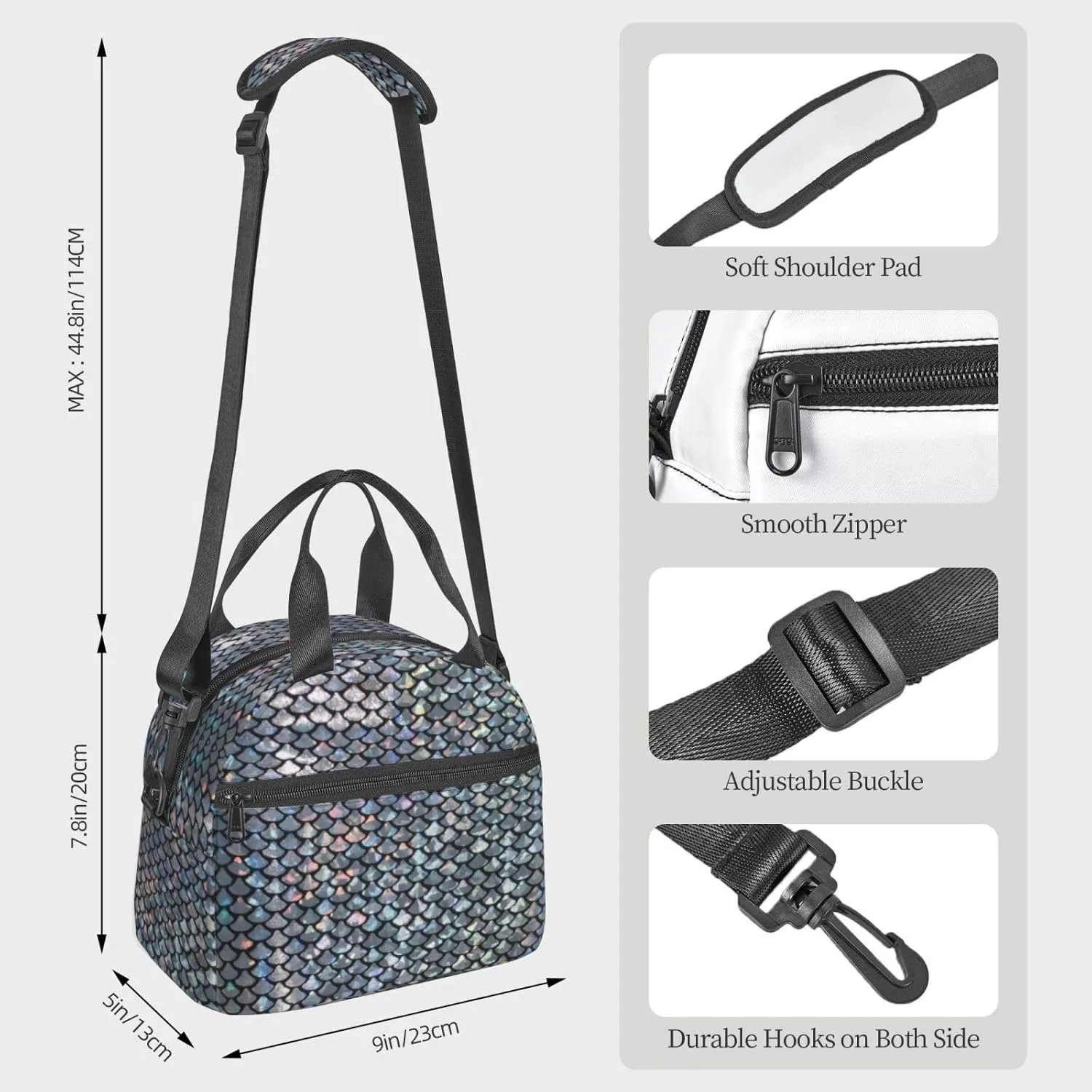 Silver Fish Scale Print Crossbody Insulated Lunch Bags For Women Men Cooler Bag Lightweight Waterproof Lunch Box