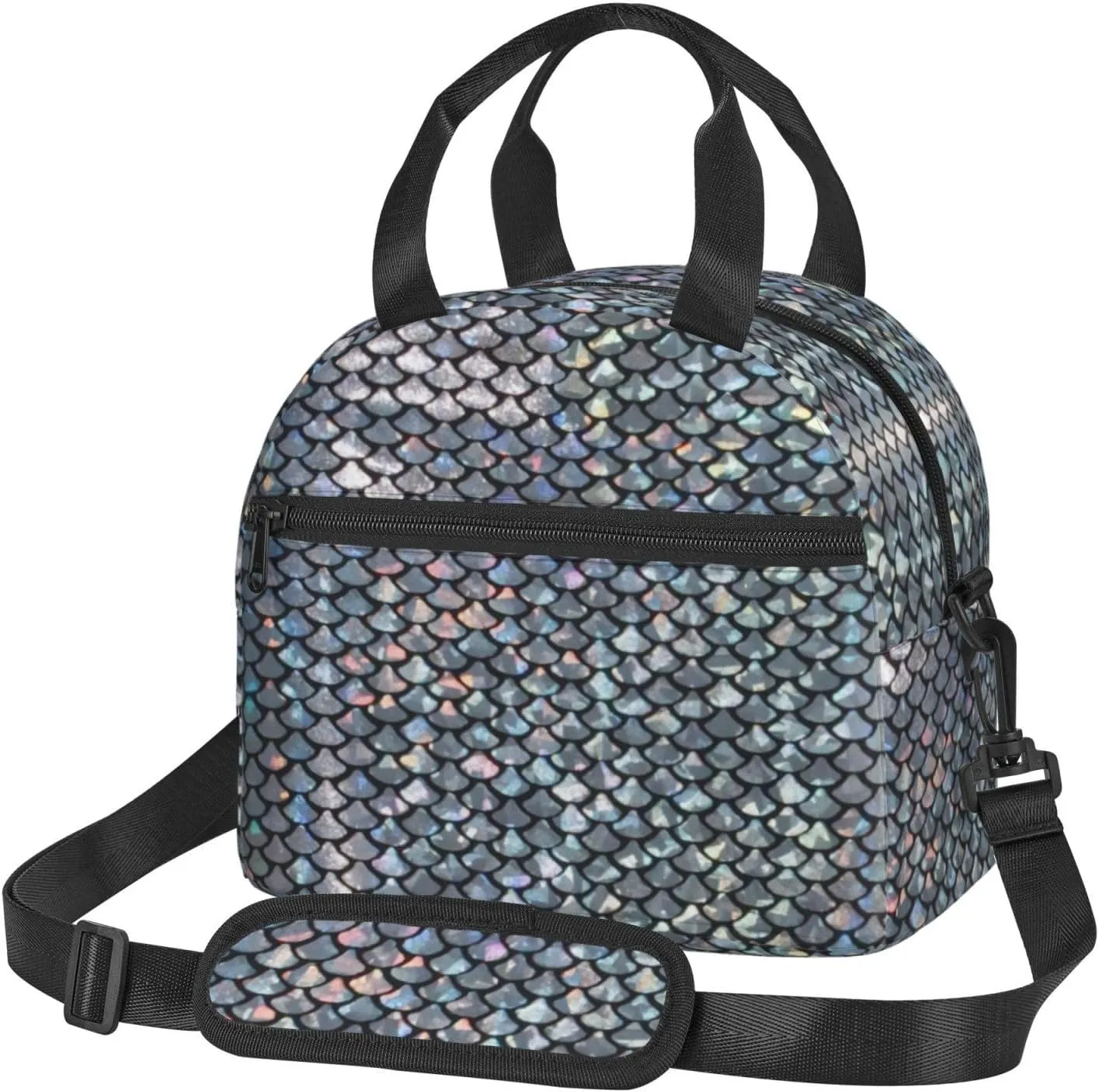 Silver Fish Scale Print Crossbody Insulated Lunch Bags For Women Men Cooler Bag Lightweight Waterproof Lunch Box