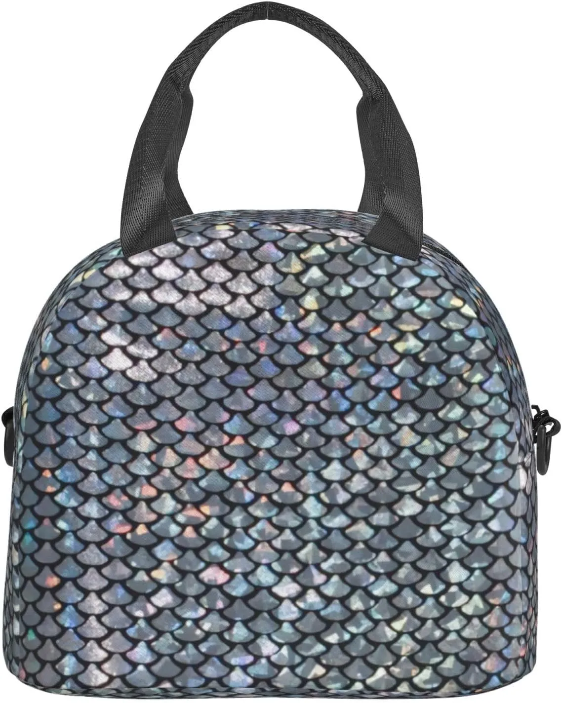 Silver Fish Scale Print Crossbody Insulated Lunch Bags For Women Men Cooler Bag Lightweight Waterproof Lunch Box