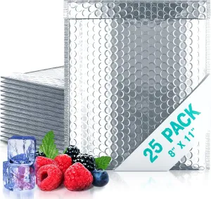 Silver Thermal Bubble Mailer, 8 x 11 Inches. 25 Pack Insulated Mailers for Cold Shipping. Self-Seal Metallic Bubble Envelope. Waterproof Insulated Shipping Envelopes for Food, Cosmetics
