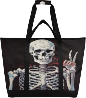 Skeleton Insulated Cooler Bag with Zipper & Pocket, Foldable Grocery Bags Leak Proof Reusable Lunch Bags Portable Travel Tote Bag for Food Delivery, Shopping, Beach or Picnic