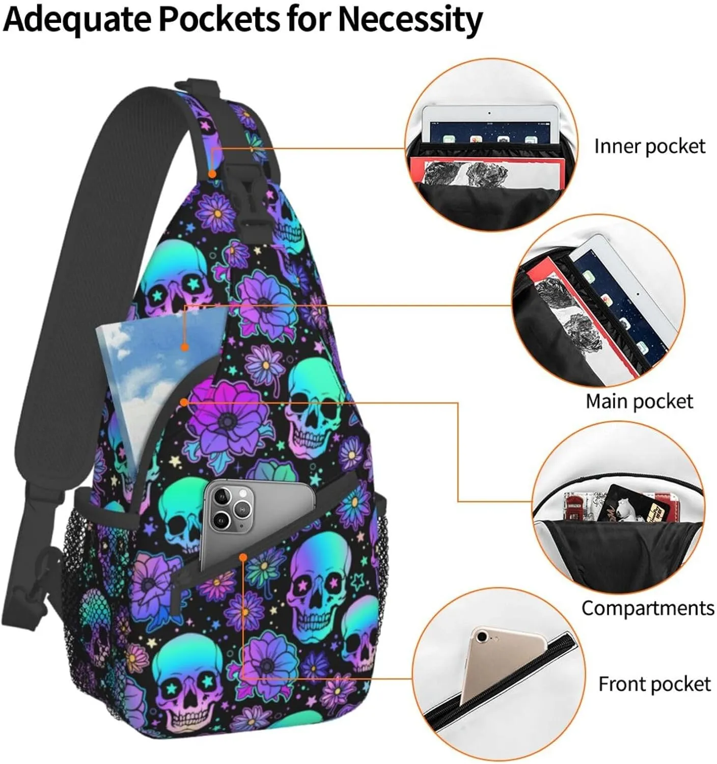 Skull Sling Backpack Chest Bag Crossbody Shoulder Bag Gym Cycling Travel Hiking Daypack For Men Women