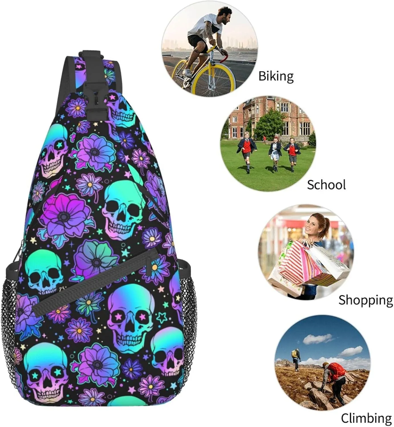 Skull Sling Backpack Chest Bag Crossbody Shoulder Bag Gym Cycling Travel Hiking Daypack For Men Women