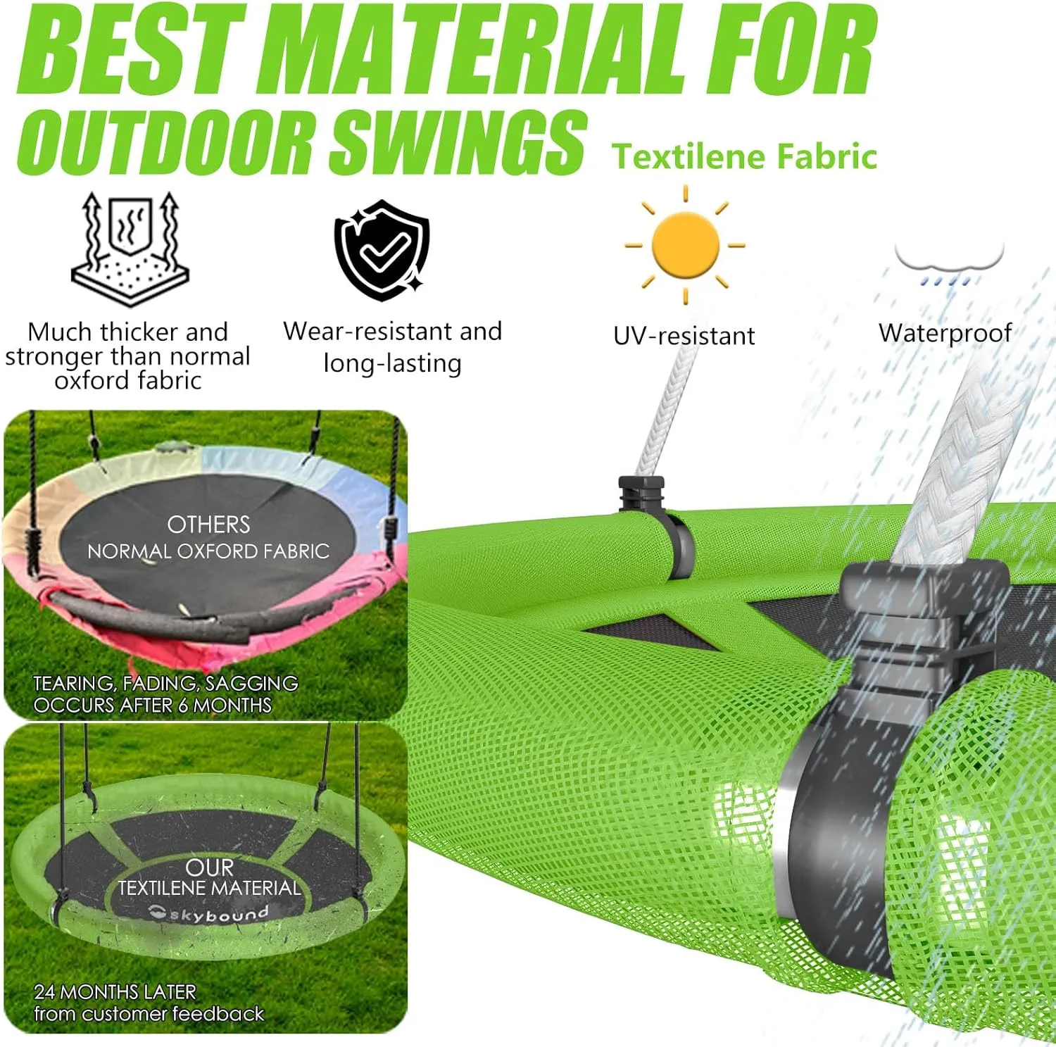 Skybound 43" Saucer Swing for Kids Outdoor - Durable Textilene Fabric, Galvanized Steel Frame, 600lbs Capacity, Adjustable Ropes (Green)