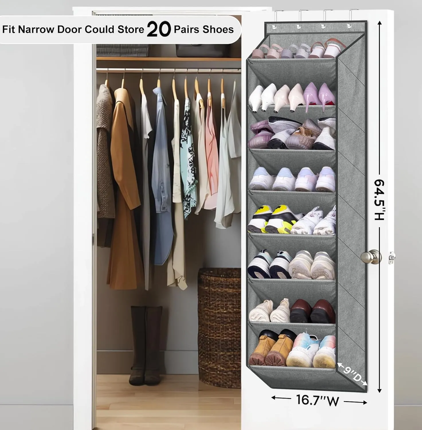 SLEEPING LAMB Over The Door Shoe Organizer for Closet with Large Deep Pockets, Narrow Shoe Rack for Door Hanging Boots Storage, Grey
