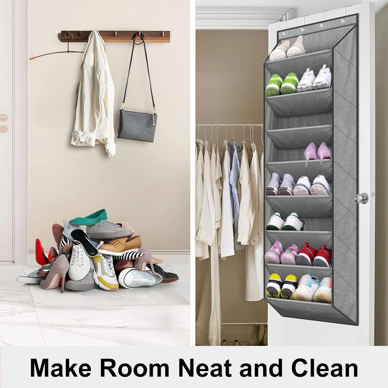 SLEEPING LAMB Over The Door Shoe Organizer for Closet with Large Deep Pockets, Narrow Shoe Rack for Door Hanging Boots Storage, Grey