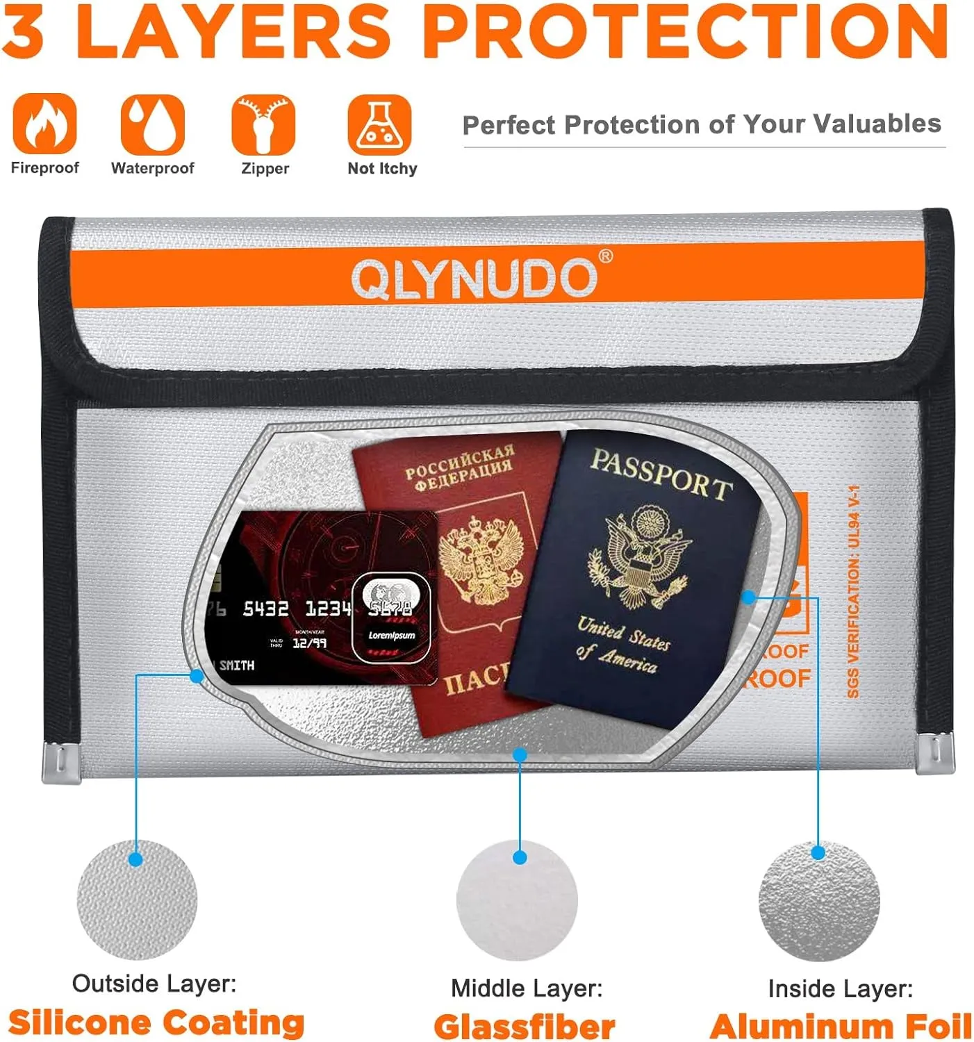 Small Fireproof Money Bag for Cash and Documents (8x5", Inside/External Size), 2-Pack Money Pouch with Water Resistant Zipper, Waterproof Safe Bag Set, 3 Layers (Silicone/Glass Fiber/Aluminum Foil)