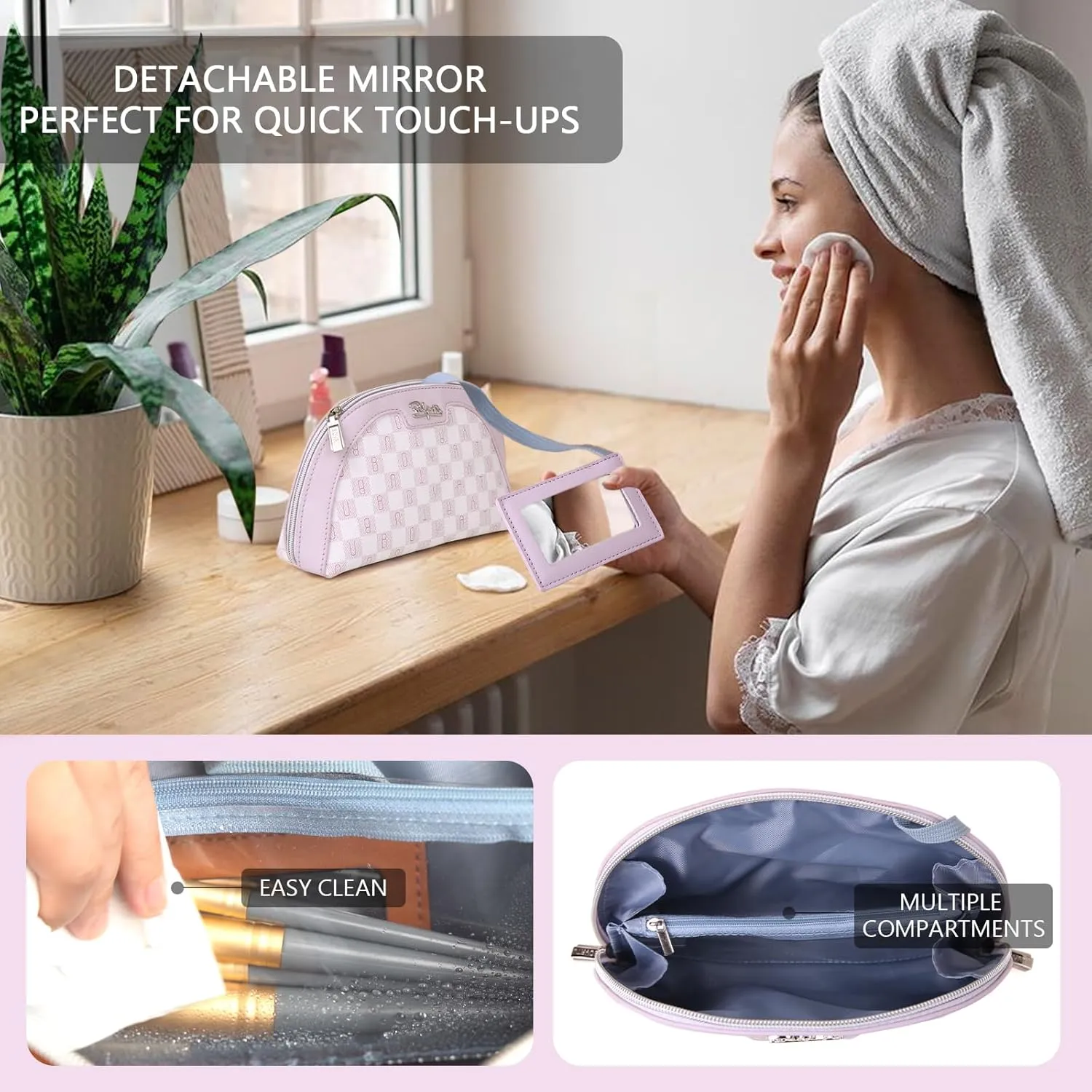 Small Makeup Bag for Purse Cosmetic Bag: Checkered Make up Bag for Women - Cute Preppy Skincare Bags for Evening - Waterproof Travel Pouch for Toiletry Organizer with Mirror & Zipper(021-Purple)