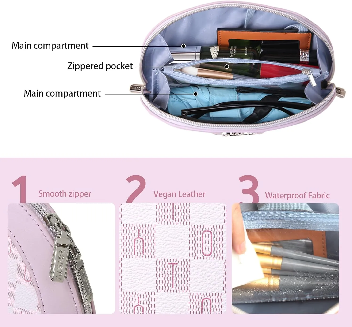 Small Makeup Bag for Purse Cosmetic Bag: Checkered Make up Bag for Women - Cute Preppy Skincare Bags for Evening - Waterproof Travel Pouch for Toiletry Organizer with Mirror & Zipper(021-Purple)
