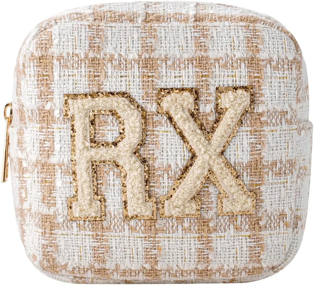 Small Medicine Bag for Travel, Personalized RX Chenille Letters Checkered Pouch for Women and Girls, Cute Meds Drug Makeup Bags with Zipper (01Beige Checkered)