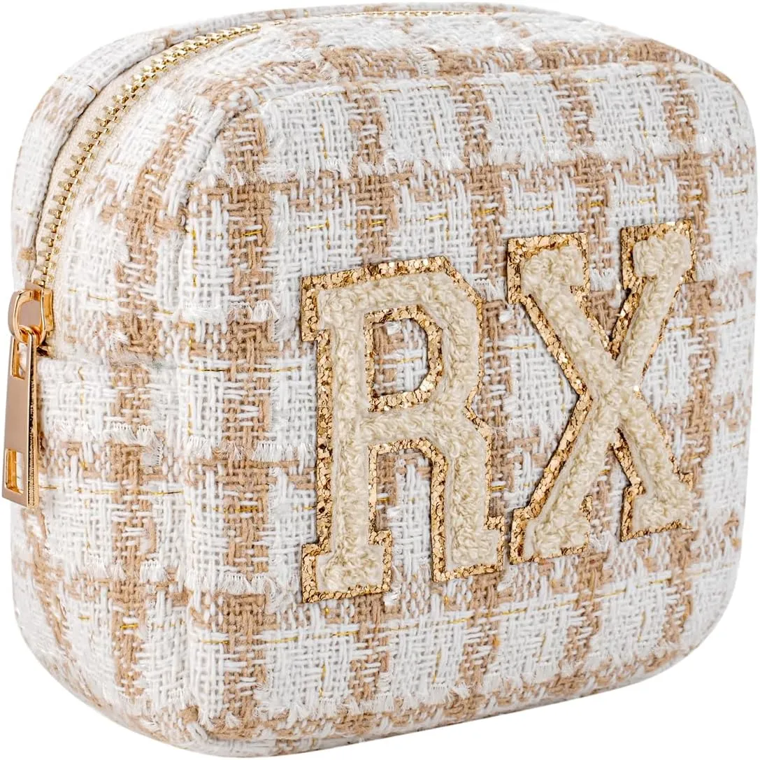 Small Medicine Bag for Travel, Personalized RX Chenille Letters Checkered Pouch for Women and Girls, Cute Meds Drug Makeup Bags with Zipper (01Beige Checkered)