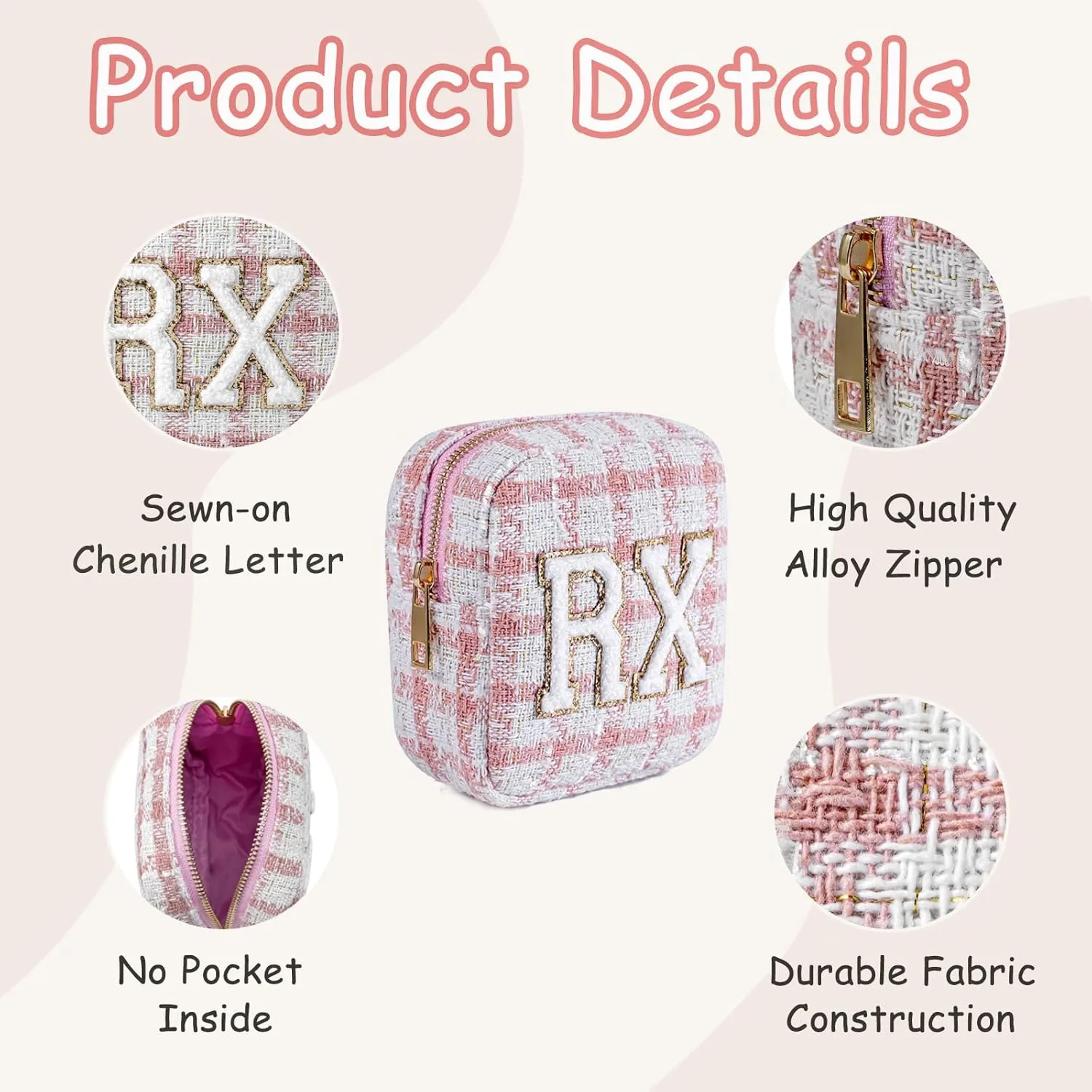 Small Medicine Bag for Travel, Personalized RX Chenille Letters Checkered Pouch for Women and Girls, Cute Meds Drug Makeup Bags with Zipper (01Beige Checkered)