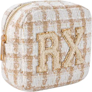 Small Medicine Bag for Travel, Personalized RX Chenille Letters Checkered Pouch for Women and Girls, Cute Meds Drug Makeup Bags with Zipper (01Beige Checkered)