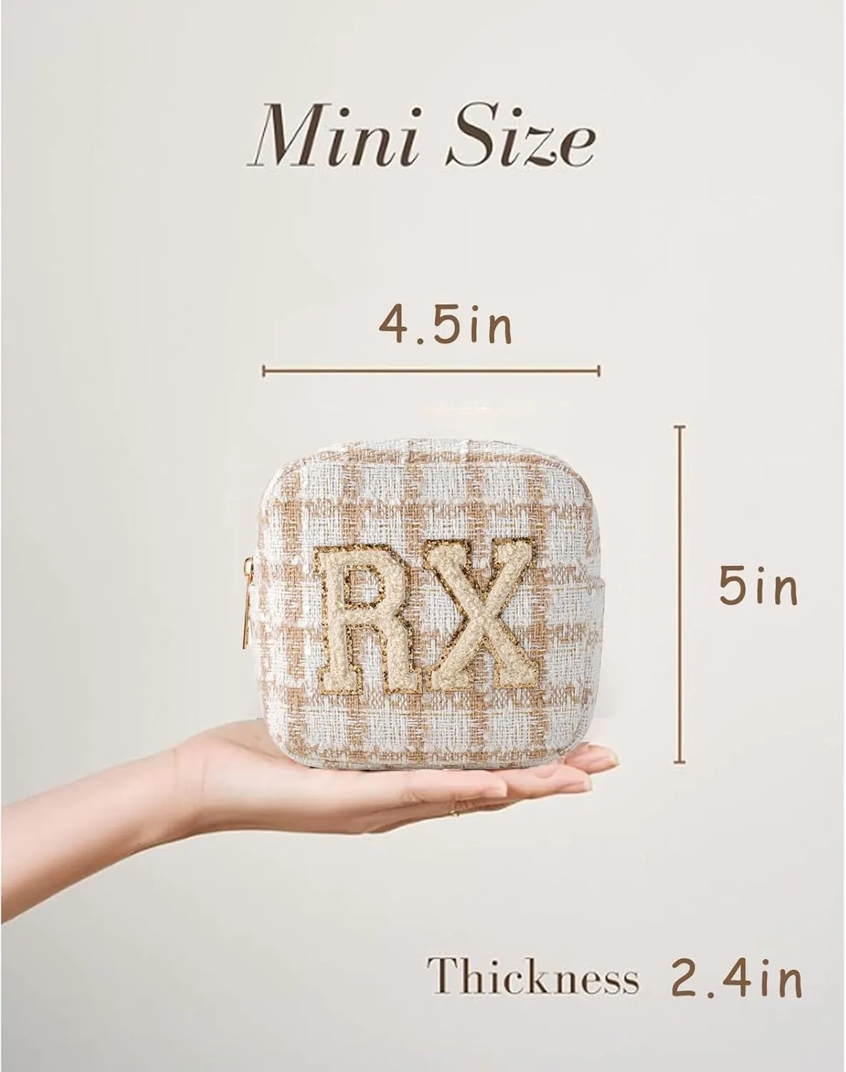 Small Medicine Bag for Travel, Personalized RX Chenille Letters Checkered Pouch for Women and Girls, Cute Meds Drug Makeup Bags with Zipper (01Beige Checkered)