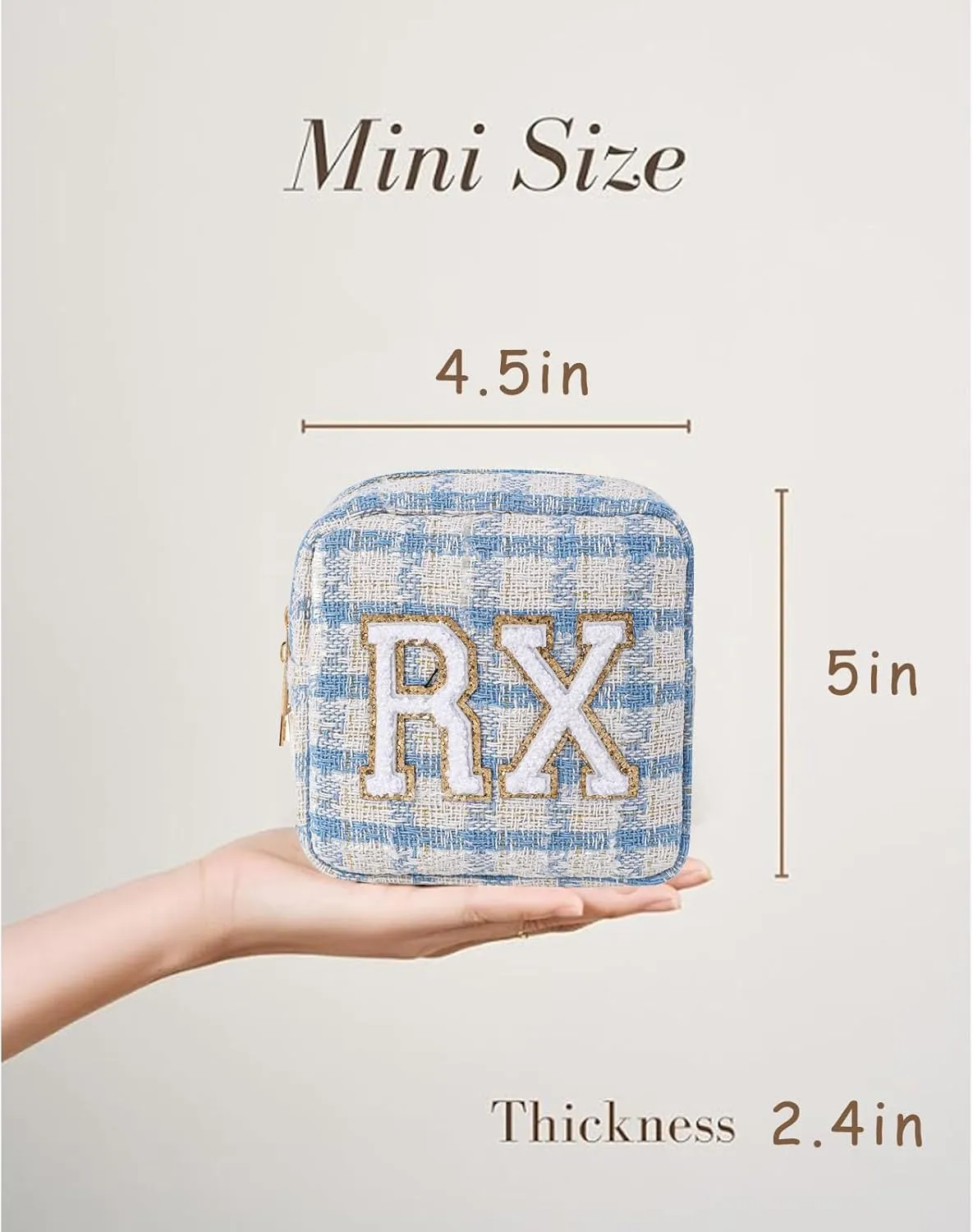 Small Medicine Bag for Travel, Personalized RX Chenille Letters Checkered Pouch for Women and Girls, Cute Meds Drug Makeup Bags with Zipper (04Blue Checkered)