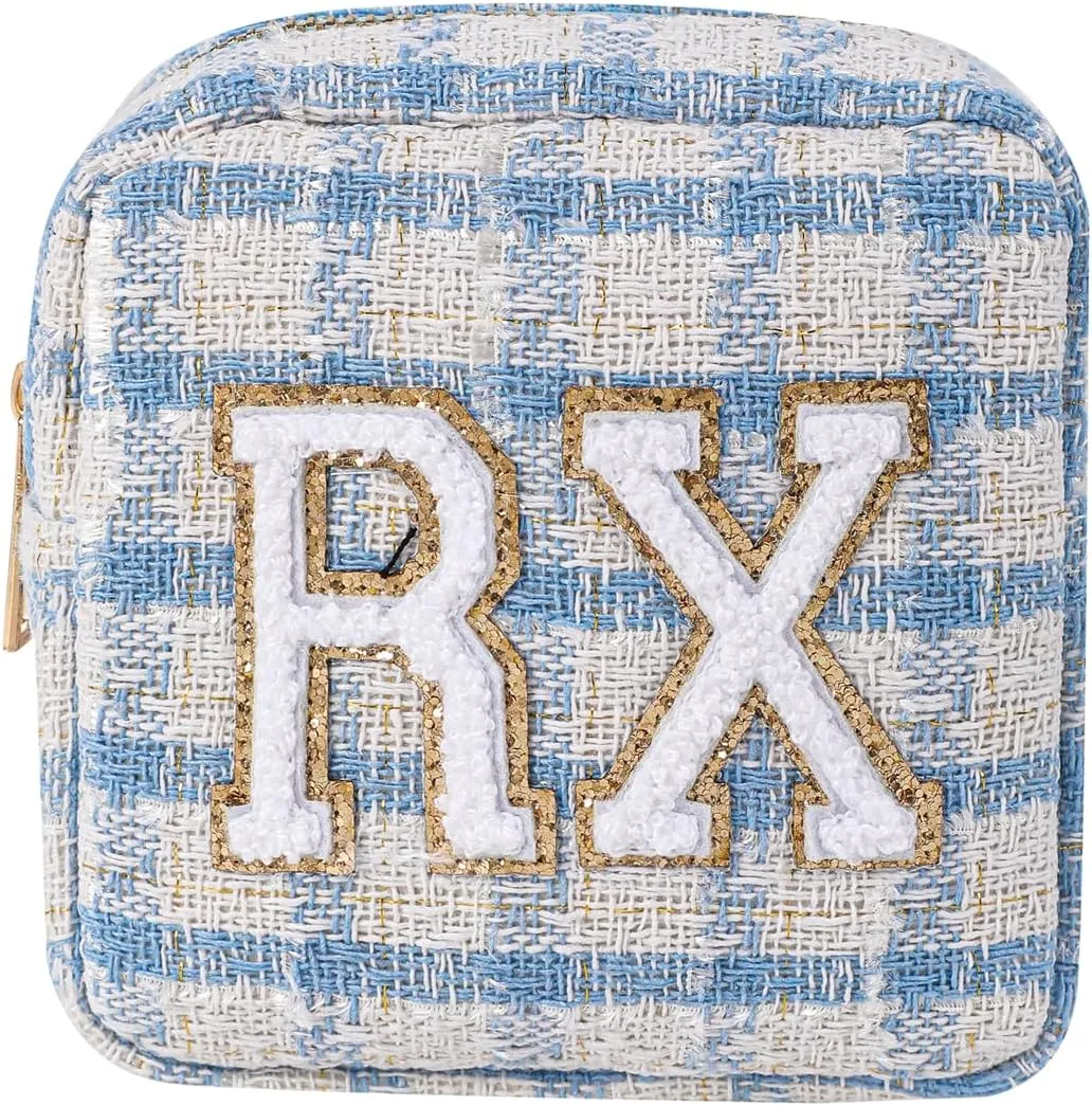 Small Medicine Bag for Travel, Personalized RX Chenille Letters Checkered Pouch for Women and Girls, Cute Meds Drug Makeup Bags with Zipper (04Blue Checkered)