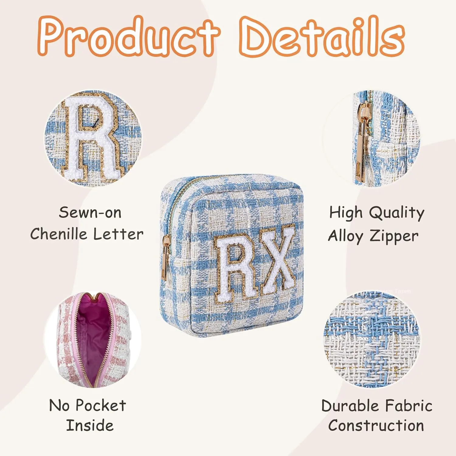 Small Medicine Bag for Travel, Personalized RX Chenille Letters Checkered Pouch for Women and Girls, Cute Meds Drug Makeup Bags with Zipper (04Blue Checkered)