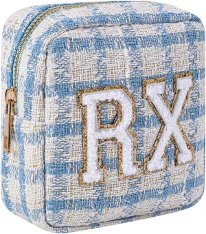Small Medicine Bag for Travel, Personalized RX Chenille Letters Checkered Pouch for Women and Girls, Cute Meds Drug Makeup Bags with Zipper (04Blue Checkered)